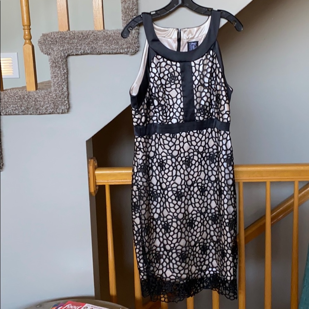 Black lace with champagne satin cocktail dress